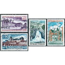 france 1973, beaux timbres yvert 1757, 1758, 1759 1764, série touristique, palais ducal de dijon, château de gien, clos lucé à amboise et le saut du doubs, oblitérés, TBE.