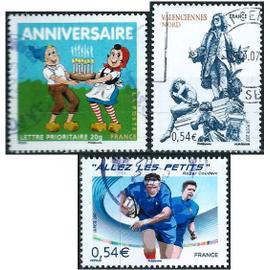 france 2007, beaux timbres yvert 4012 valenciennes, oeuvre de carpeaux, la fontaine watteau, 4032, rugby, "allez les petits" et 4081 joyeux anniversaire par sylvain et sylvette, oblitérés, TBE.