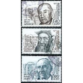 france 1982, personnages, beaux timbres yvert 2225 guillaume postel, 2226 henri mondor et 2227 robert debré, oblitérés, TBE.