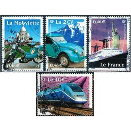 France 2002, Le Siècle Au Fil Du Timbre, Transports, beaux timbres Yvert 3472 La Mobylette 3473 Paquebot France 3474 La 2 Cv 3475 Le Tgv, Oblitérés Tbe