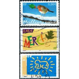 france 2003, beaux timbres yvert 3540 "merci", 3541 timbre pour naissance et 3622 "meilleurs voeux", oblitérés, TBE.