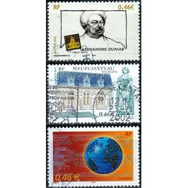 france 2002, beaux timbres yvert 3525 neufchateau, pavillon des goncourt, 3532 le monde en réseau et 3536 alexandre dumas, oblitérés, TBE.