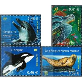 france 2002, belle série yvert 3485 3486 3487 3488, nature de france, animaux maris, tortue luth, grand dauphin, orque, phoque veau marin, oblitérés, TBE.