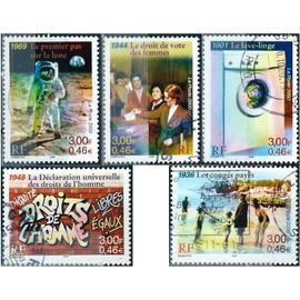 france 2000, belle série complète timbres yvert 3351 3352 3353 3354 3355, le siècle au fil du timbre, société, le lave linge, les congés payés, le vote des femmes, droits de l