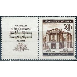 tchécoslovaquie, occupation allemande, bohème moravie 1941, très beau timbre neuf** luxe yvert 69, 150 ans de la mort de mozart, ancien théatre de vienne avec vignette "don giovanni"