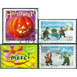 france 2001, beaux timbres yvert 3379 merci, 3428 halloween, citrouille eclairee et 3439 3440 bonne année et meilleurs voeux, obliteres, TBE.