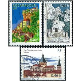 france 2002, beaux timbres yvert 3478 la charite sur loire - nievre, 3492 rocamadour - lot et 3496 chapelle de saint-ser (bouches du rhone), obliteres, TBE.