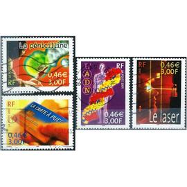france 2001, Le siècle au fil des timbres - Sciences, beaux timbres yvert 3422 La pénicilline, 3423 L´ADN, 3424 Le laser, 3426 La carte à puce, obliteres, TBE.