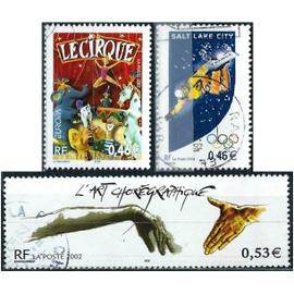 france 2002, beaux timbres yvert 3460 jeux olympiques de salt lake city, 3466 le cirque et 3507 l