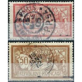 france 1900, beaux timbres yvert 119 et 120, type merson 40c. rouge et bleu vert et 50c. brun jaune et gris, obliteres, TBE.