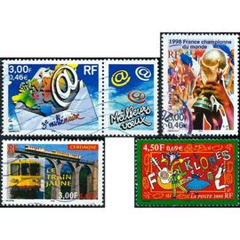 france 2000, beaux timbres yvert 3314 coupe du monde de football 1998, 3338 le train jeune de cerdagne, 3339 folklore, 3365 3ème millénaire, oblitérés, TBE..