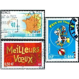 france 2003, beaux timbres yvert 3543 amenagement du territoire, 3546 fete du timbre, lucky luke et 3623 "meilleurs voeux", obliteres, TBE.