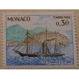 Timbre neuf Monaco, Timbre-Taxe de 30 centimes, Voilier Charles III, 1856.