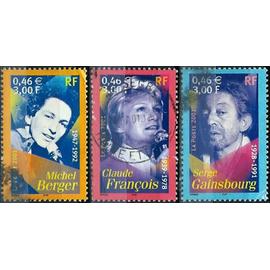 france 2001, beaux timbres yvert 3391 3393 et 3395, artistes de la chanson, avec surtaxe croix rouge, portraits de michel Berger, claude François et serge gainsbourg, oblitérés, TBE.