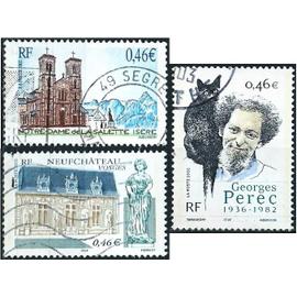france 2002, beaux timbres yvert 3506 notre dame de la salette (isere), 3518 georges perec, ecrivain et 3525 neufchateau (vosges), oblitérés, TBE.