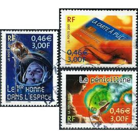 france 2001, beaux timbres yvert 3422 3425 et 3426, le siecle au fil du timbre, sciences, la penicilline, le 1er homme dans l