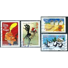 france 2005, beaux timbres yvert 3749 astrologie chinoise, année du coq, 3751 fête du timbre, titeuf par zep, 3788 vacances, caines de plage et 3856 meilleurs voeux, oblitérés, TBE.