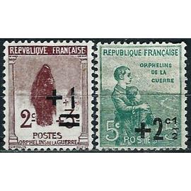 france 1922, beaux timbres yvert 162 et 163, timbres de 1917 au profit des orphelins de la guerre avec nouvelle valeur en surcharge, neufs*.