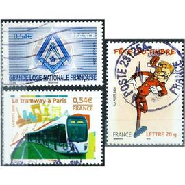 france 2006, beaux timbres yvert 3877, fête du timbre, spirou, 3993 franc maçonnerie, grande loge de france et 3995 le tramway à paris, oblitérés, TBE.