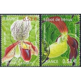france 2005, orchidées, beaux timbres yvert 3763 Orchidée Mabel Sanders et 3764 sabot de vénus, oblitérés, TBE -