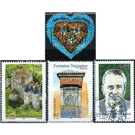 france 2001, beaux timbres yvert 3368 coeur par christian lacroix (issu du feuillet), 3386 chateau de nogent le retrou, 3430 chaban delmas, et 3441 fontaine nejjarine - maroc, oblitérés, TBE