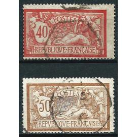 france 1900, belle paire timbres yvert 120 & 121, types merson 50c. brun et gris et 1f. lie de vin et olive, oblitérés, TBE -