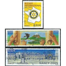 france 2005, beaux timbres yvert 3750 centenaire du rotary international, 3785 nancy, place stanislas et 3801 charte de l