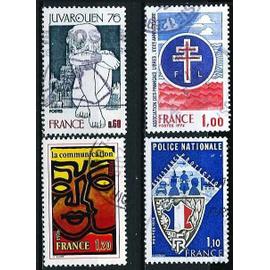 france 1976, beaux timbres Yvert 1876 juvarouen 76, 1884 la communication, 1885 association des français libres, 1907 police nationale, oblitérés TBE