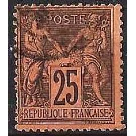 France 1879, Beau timbre Classique N° 91 - Type Sage, Allégorie Paix Et Commerce, 25c. noir sur rose, Oblitéré, dentelure moyenne - petit prix.