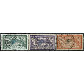 france 1907 / 20, beaux timbres yvert 143 144 145, types merson, 45c. vert et bleu, 50c. violet et bleu, et 2f. orange et vert bleu, oblitérés, TBE.