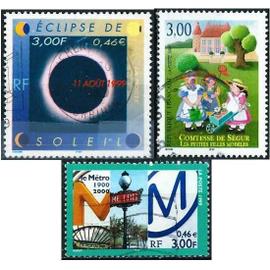 france 1999, beaux timbres yvert 3253, la comtesse de ségur - les petites filles modèles, 3261 éclipse de soleil et 3292 100 ans du métro parisien, oblitérés TBE