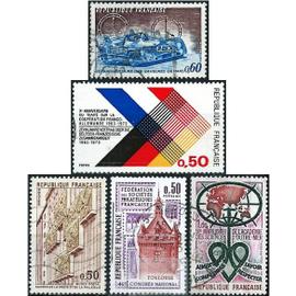 france 1973, beaux timbres yvert 1739 coopération franco-allemande, 1760 académie des sciences, 1761 course des 24 ehures du mans, 1763 congrès philatélique et 1782 musée postal, oblitérés, TBE.
