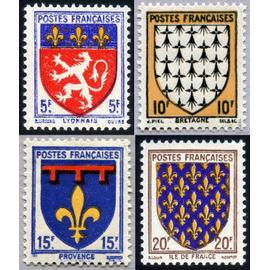 france 1943, très belle série complète neuve** luxe armoiries, timbres yvert 572 lyonnais, 573 bretagne, 574 provence et 575 ile-de-france.