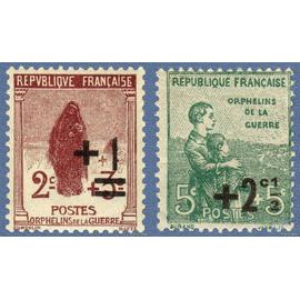 france 1922, Deuxième série au profit des orphelins de la guerre, beaux timbres yvert 162 Veuve au cimetière 2 + 3c. surchargé "+1" et 163 Deux orphelins 5c + 5c. surchargé "+2c 1/2", neufs*