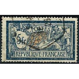 france 1900, beau timbre yvert 123, type merson 5f. bleu foncé et chamois, oblitéré, TBE.