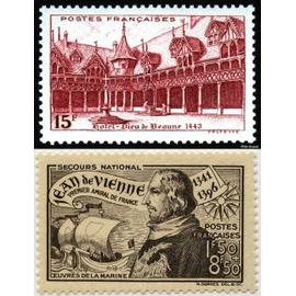 france 1942, très beaux timbres neufs** luxe yvert 539 hôtel dieu de beaune libellé "postes françaises" et 544, au profit du secours national, jean de vienne, 1er amiral de france.