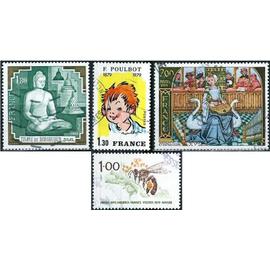 france 1979, beaux timbres yvert 2033 miniature du XVème siècle, musique, 2036 temple de borobudur à java, 2038 100 ans de la naissance de poulbot et 2039 protection de la nature, l