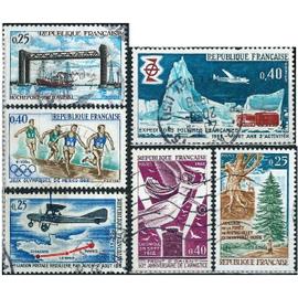 france 1968, beaux timbres yvert 1561 foret de rambouillet, 1564 pont de rochefort, 1565 laison paris saint nazaire, 1571 50 ans armistice, 1573 JO de mexico et 1574 expéditions polaires, obli. TBE.