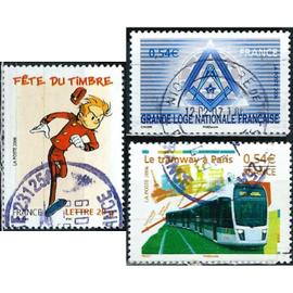 france 2006, beaux timbres yvert 3877 fête du timbre, spirou, 3993 grande loge maçonnique française et 3995 la tramway à paris, oblitérés, TBE.