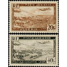 algérie 1946 / 47, beaux timbres de poste aérienne yvert 4 et 6, avion bimoteur survolant la rade d