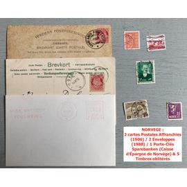 NORVEGE : 2 cartes Postales Affranchies (1906) / 2 Enveloppes (1988) / 1 Porte-Clés Sparebanken (Caisse d