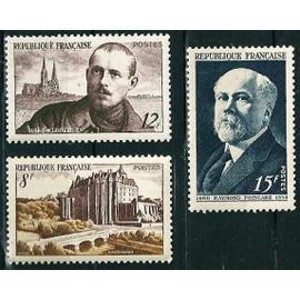 France 1950, très beaux timbres neufs** luxe yvert 864 Raymond Poincaré (1860-1934), président de la République, 865 Charles Peguy écrivain et 873 Château de Châteaudun.