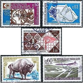 France 1974, Beaux timbres Yvert 1783 Exposition Arphila 75, 1787 Aéroport Charles De Gaulle, 1788 Club Alpin Français, 1795 nature, Le Bison D