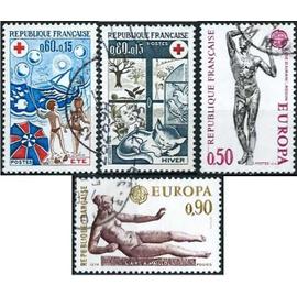 france 1974, beaux timbres yvert 1789 et 1790, europa, thème sculpture, oeuvres de rodin et de maillol, et paire croix rouge, les saisons yvert 1828 l
