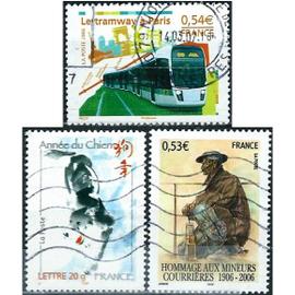 france 2006, beaux timbres yvert 3865 astrologie, horoscope chinois, année du chien, 3880 hommage aux mineurs de courrières et 3995 le tramway à paris, oblitérés, TBE.