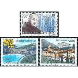 france 2000, beaux timbres yvert 3310 saint-guilhem du désert, 3311 gérardmer, vallée des lacs et 3349 alfred stanke, religieux et cathédrale de bourges, oblitérés, TBE.