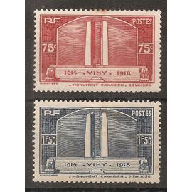 316 - 317 (1936) Monument de Vimy rouge et bleu N* défectueux (cote 28e) (7760)