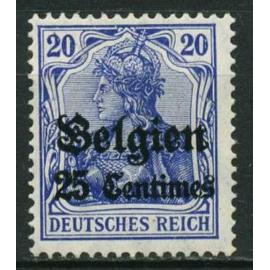 belgique, occupation allemande 1914, très beau timbre neuf** luxe yvert 4, timbre allemand germania 20pf. bleu surchargé "belgien" et nouvelle valeur en centimes.