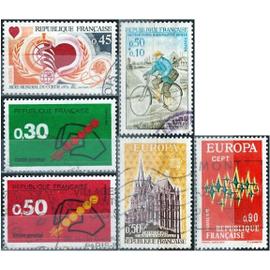 france 1972, beaux timbres yvert 1710 journée du timbre, facteurrural à vélo, 1711 mois mondial du coeur, 1714 et 1715 europa, 1719 et 1720, le code postal, oblitérés, TBE.