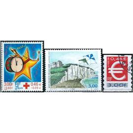 France 1999, beaux timbres yvert 3215 le timbre euro, 3239 tourisme, dieppe et 3288 au profit de la croix rouge, étoile et tambour - horloge, oblitérés, TBE.